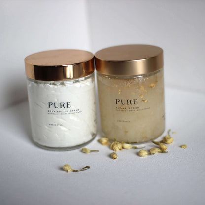 Clean beauty bodycare line for problem skin Licensed esthetician-made skincare for body hyperpigmentation and ingrowns Luxury skincare for body with affordable price tag body cream butters sugar scrub